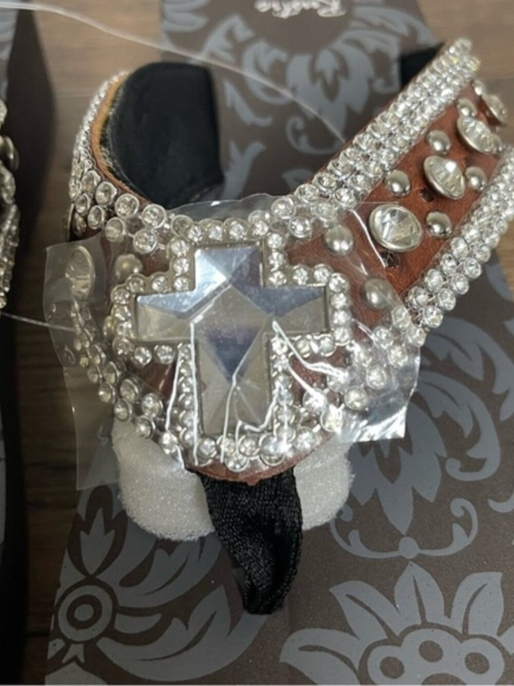 Rustic Bling Bling Wedge Flip Flops Brown Rhinestone Sandals XL- Brand New - Picture 4 of 13